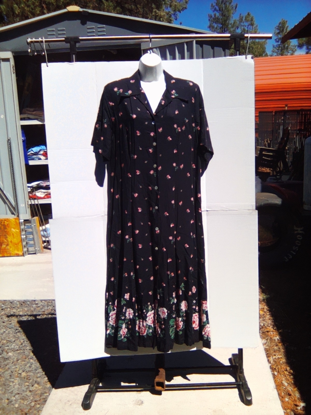 Black Floral Midi Dress with Button Front